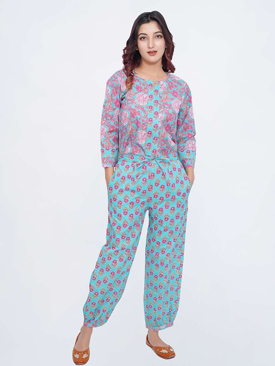 Blue Cotton Dabu Print Suit Set