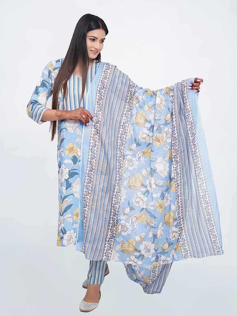 Blue Cotton Striped Printed Suit Set