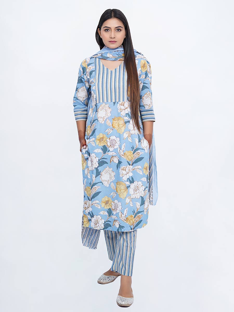 Blue Cotton Striped Printed Suit Set