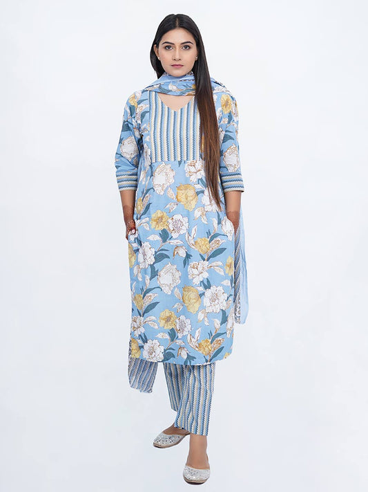 Blue Cotton Striped Printed Suit Set