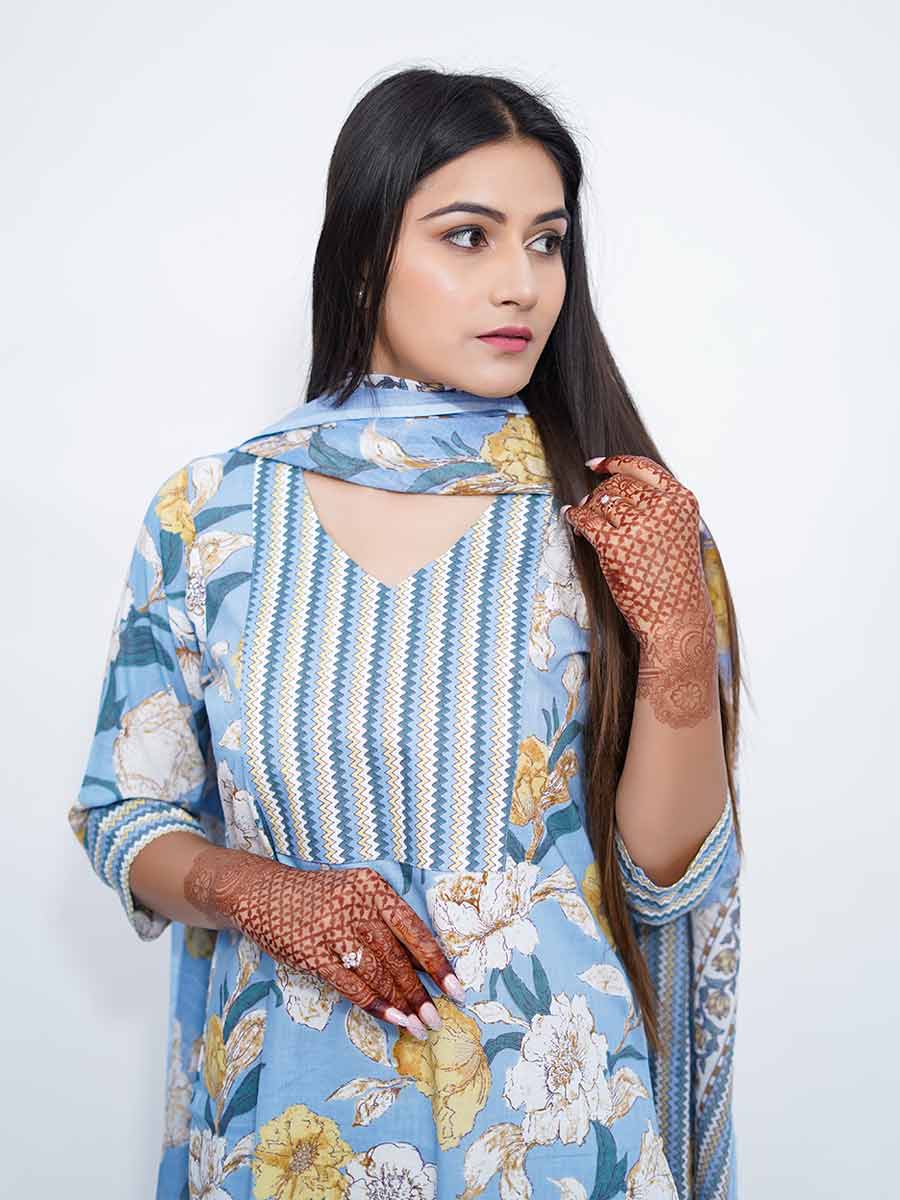 Blue Cotton Striped Printed Suit Set