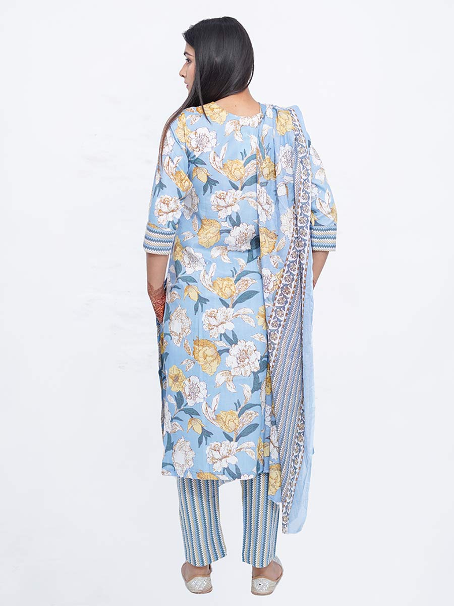 Blue Cotton Striped Printed Suit Set