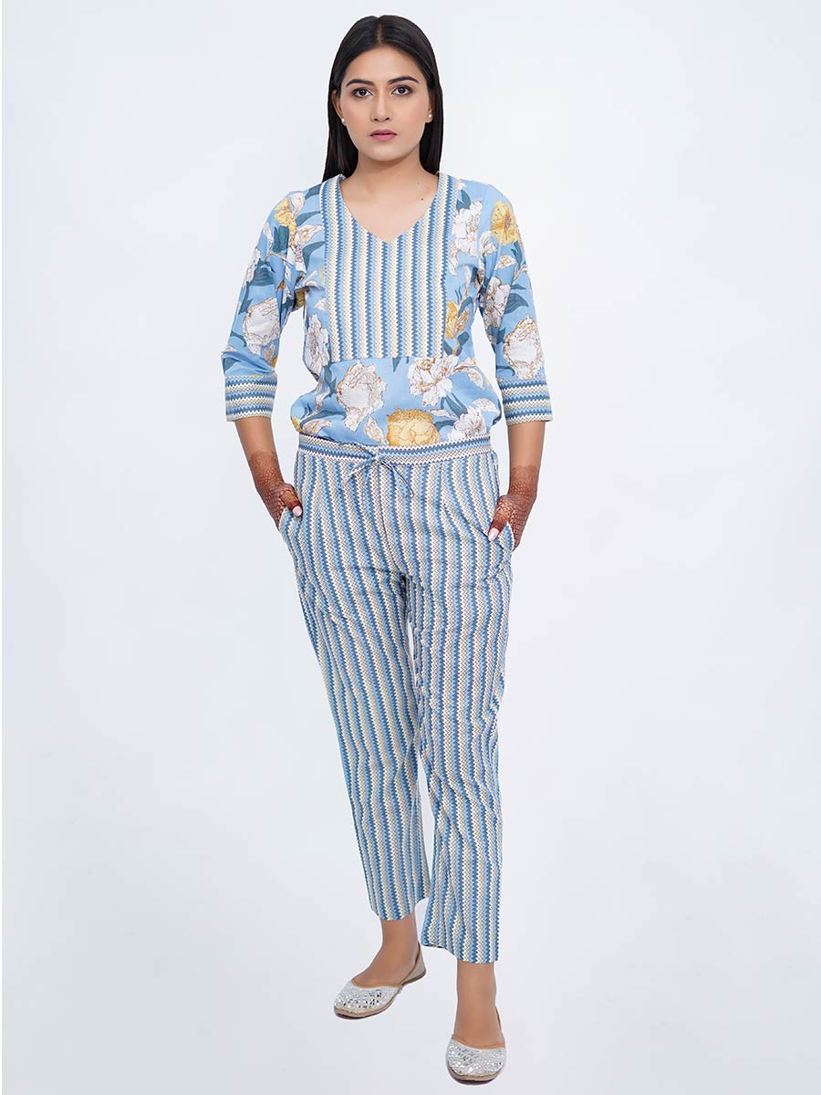 Blue Cotton Striped Printed Suit Set