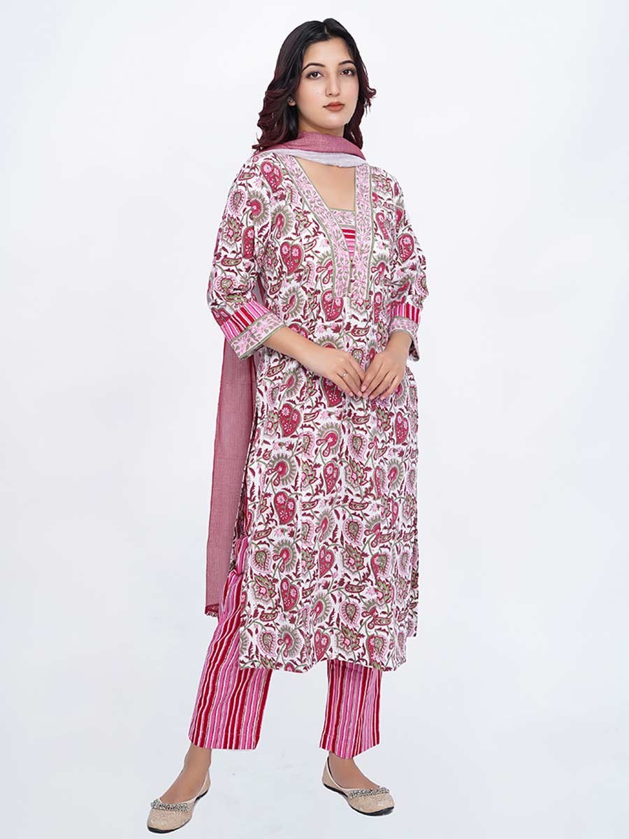 Pink Cotton Dabu Print Suit Set