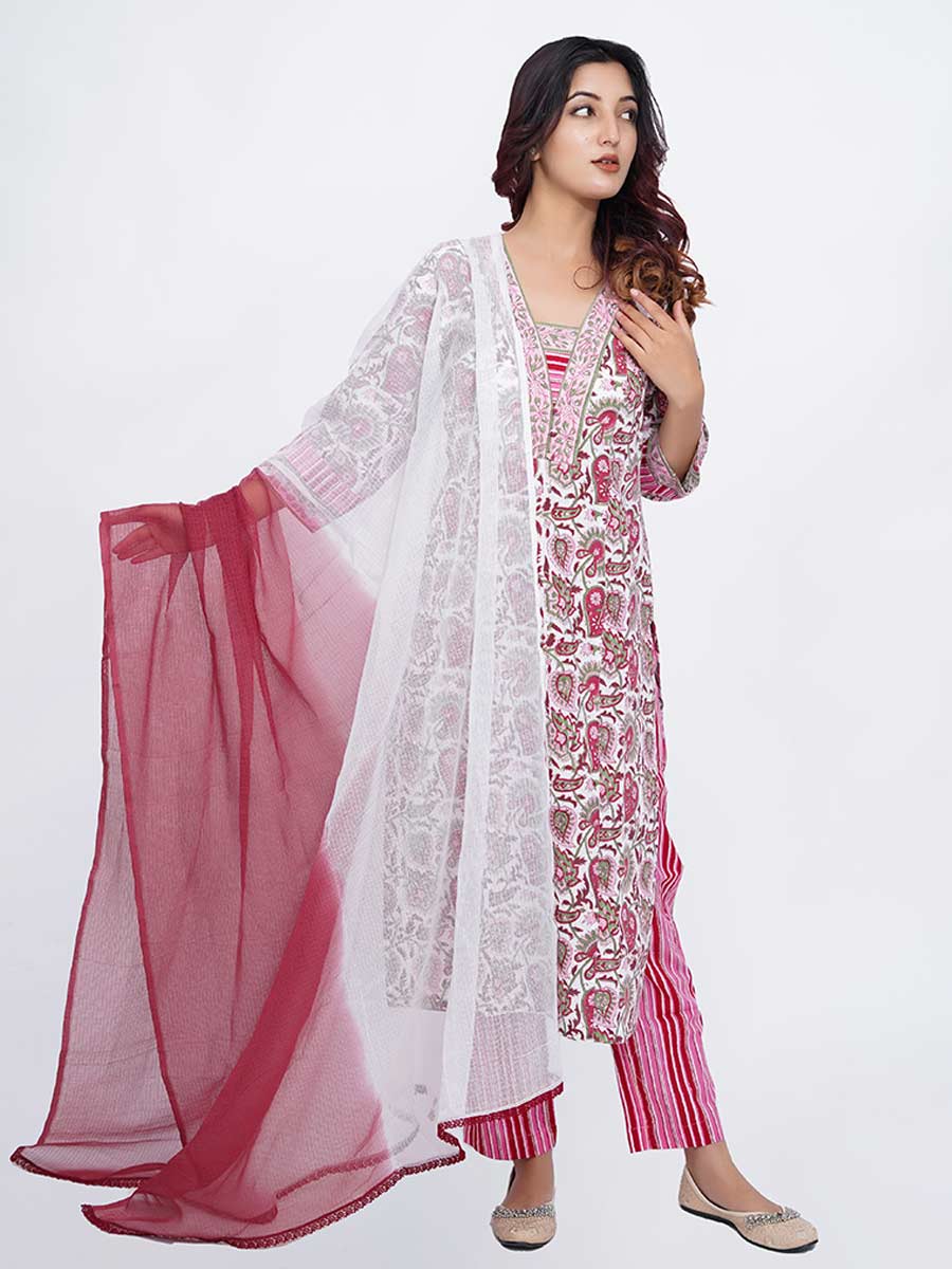 Pink Cotton Dabu Print Suit Set