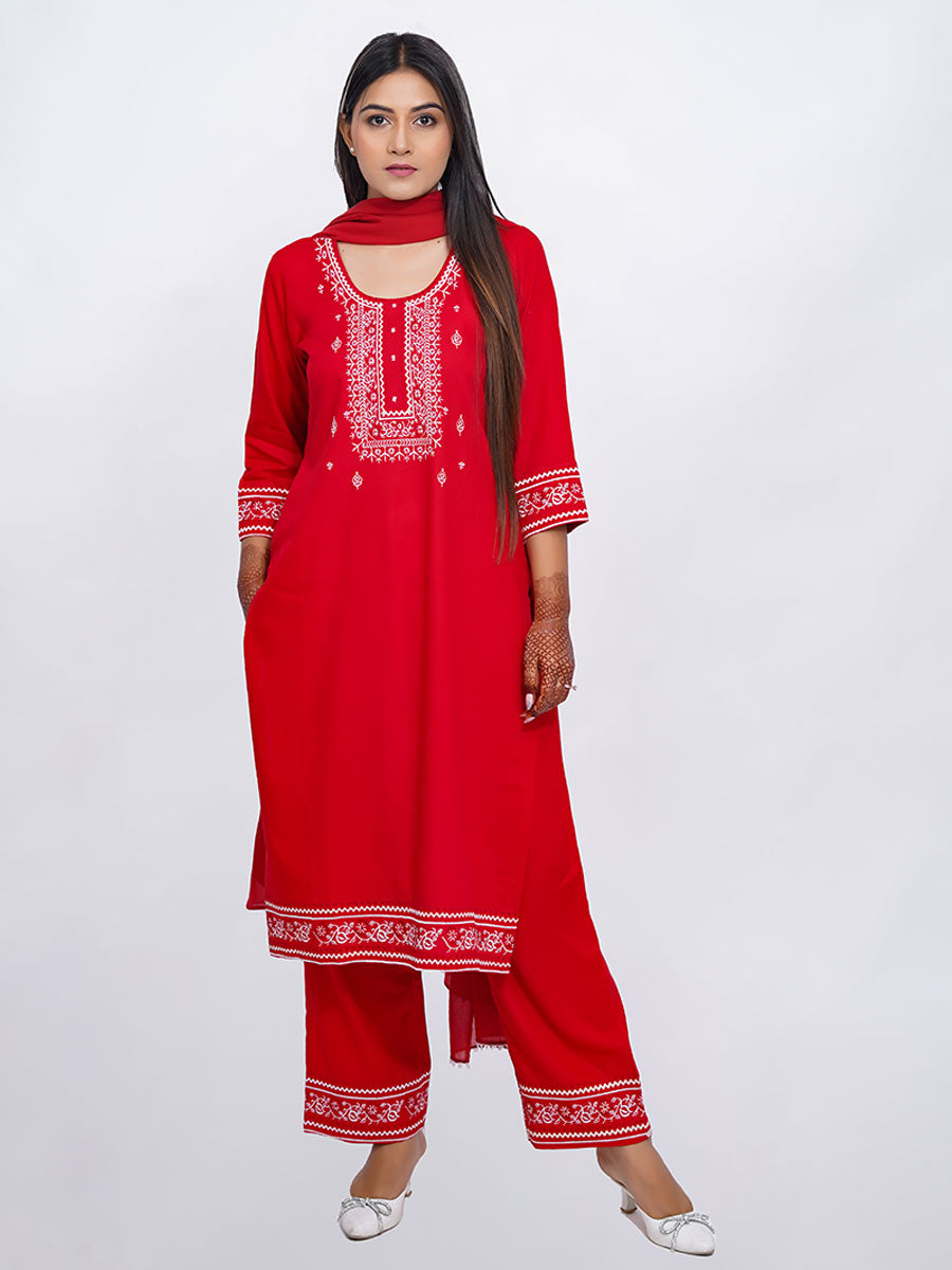 Red Embroidered Rayon Suit Set