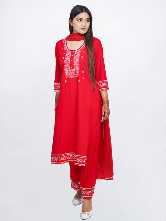 Red Embroidered Rayon Suit Set