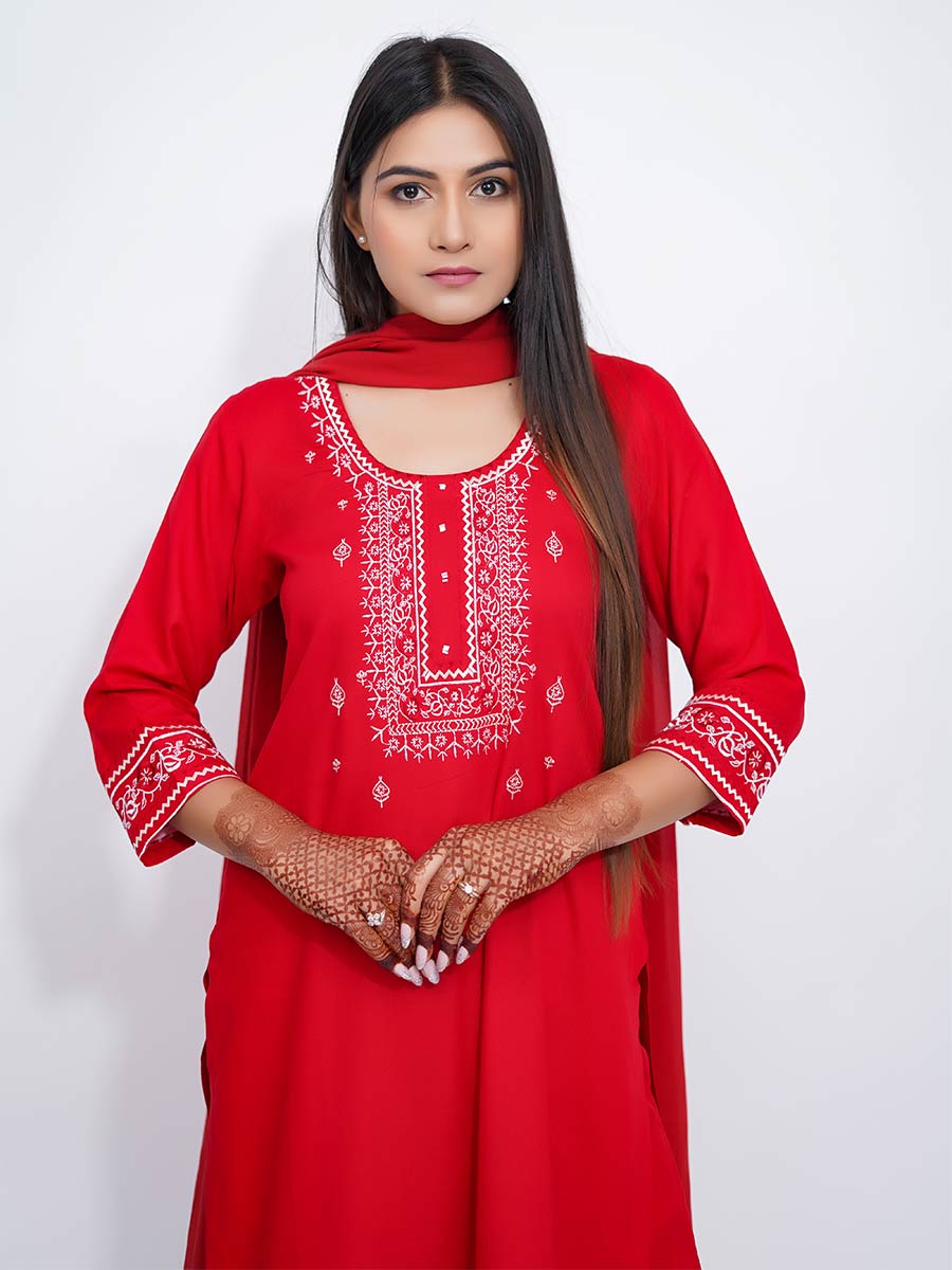 Red Embroidered Rayon Suit Set