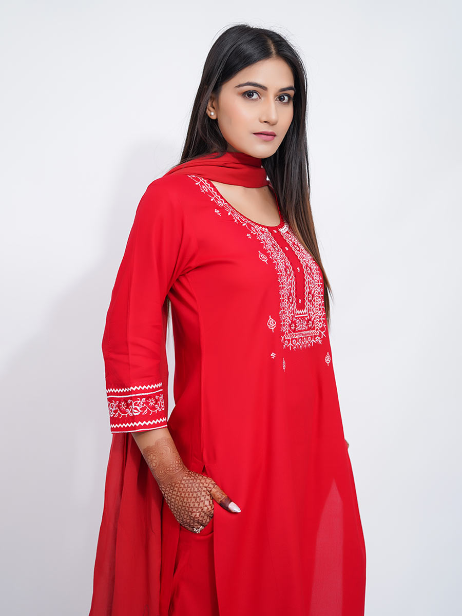 Red Embroidered Rayon Suit Set