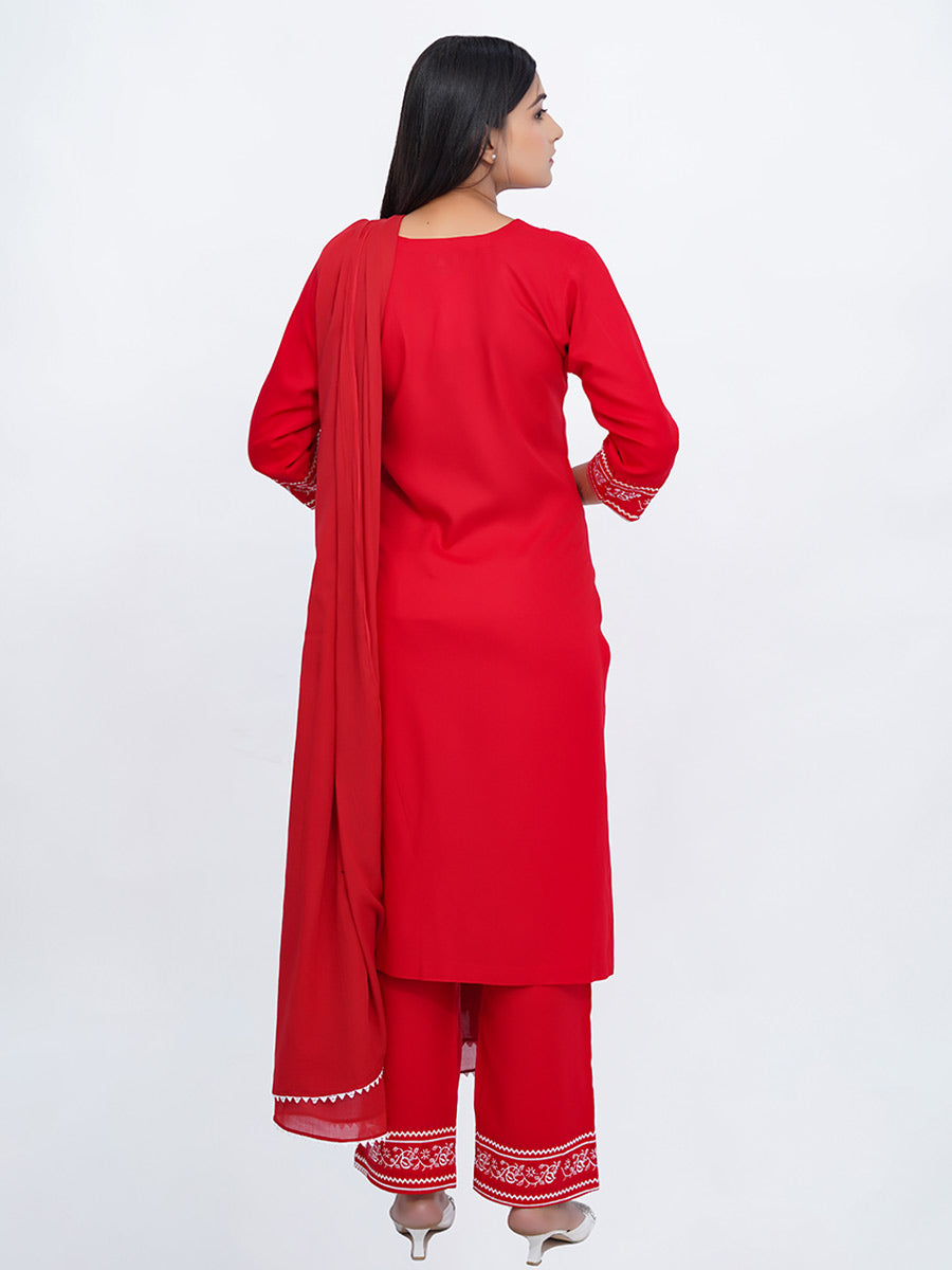 Red Embroidered Rayon Suit Set