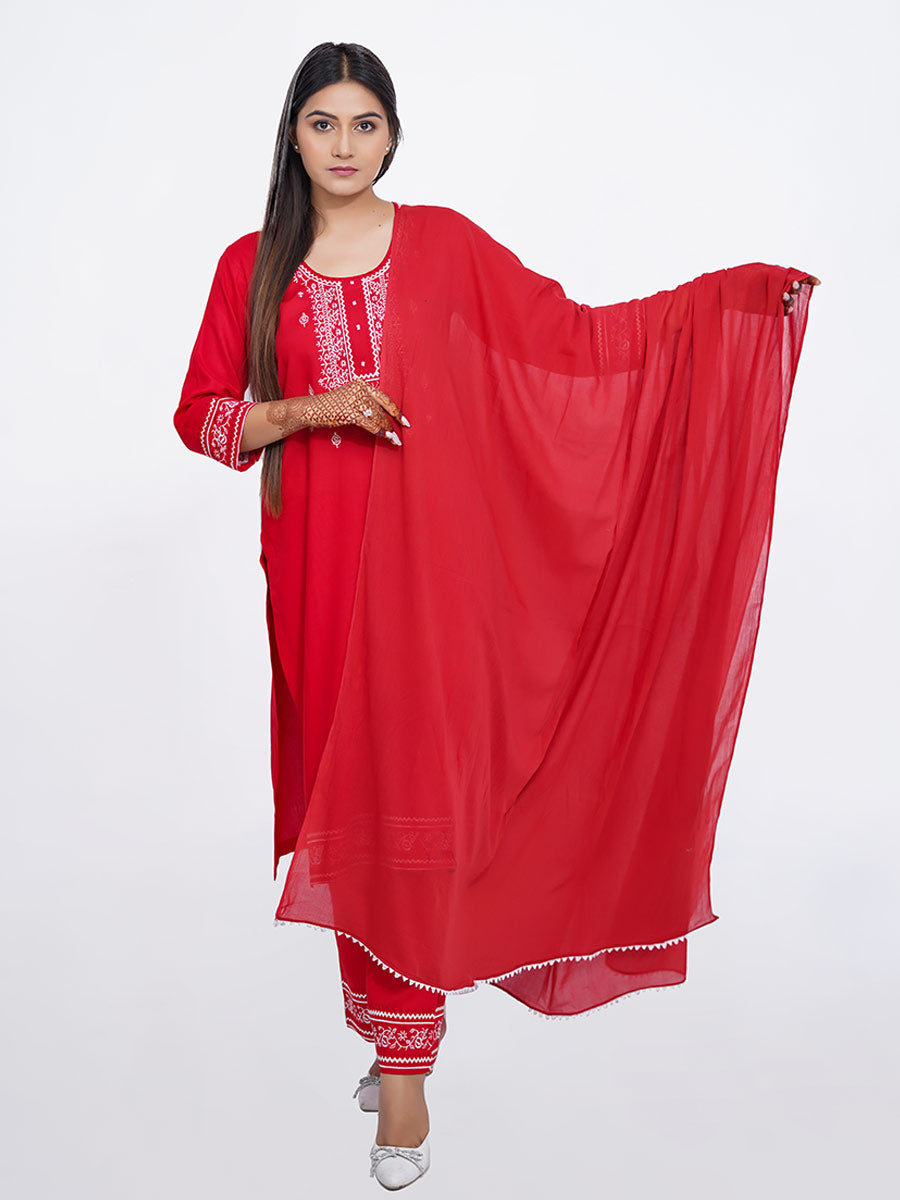Red Embroidered Rayon Suit Set