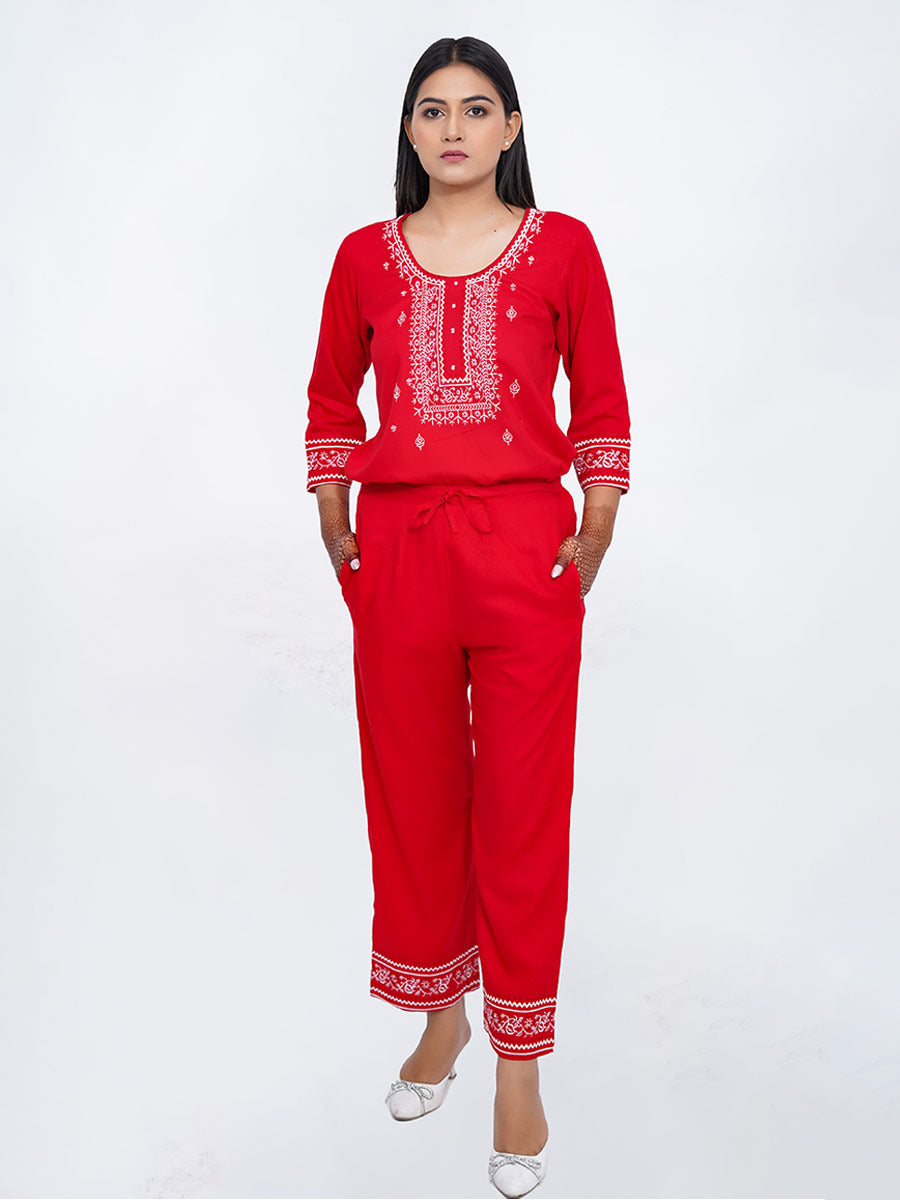 Red Embroidered Rayon Suit Set