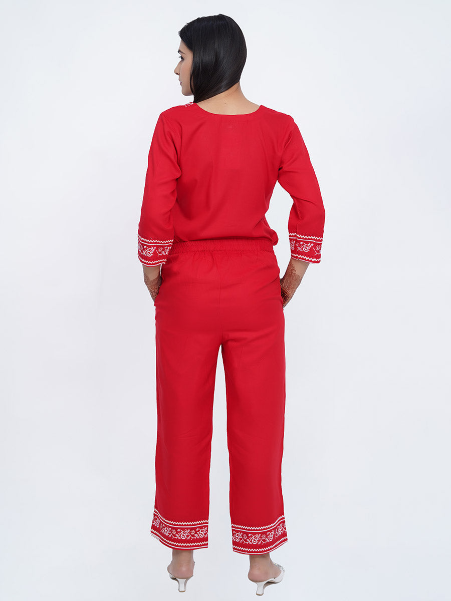 Red Embroidered Rayon Suit Set