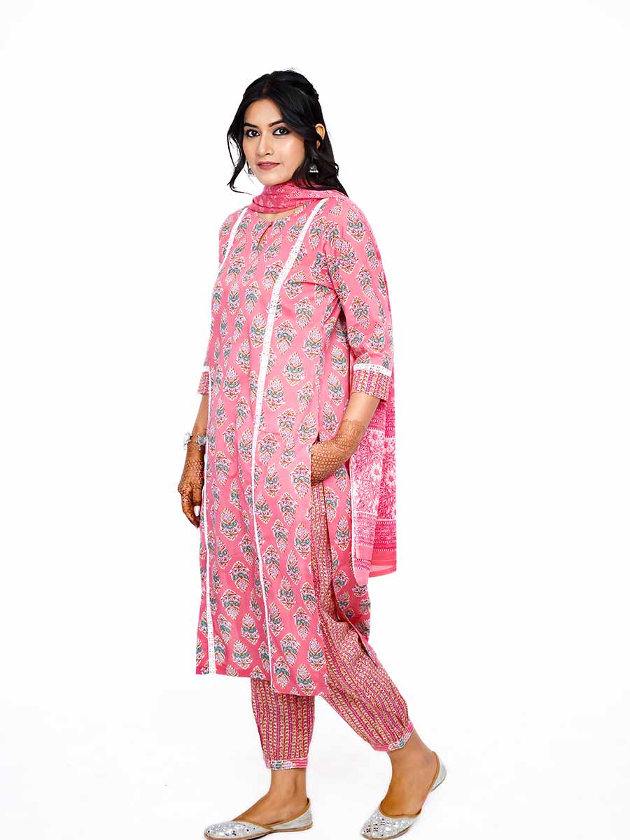 Pink Cotton Bagru Print Suit Set