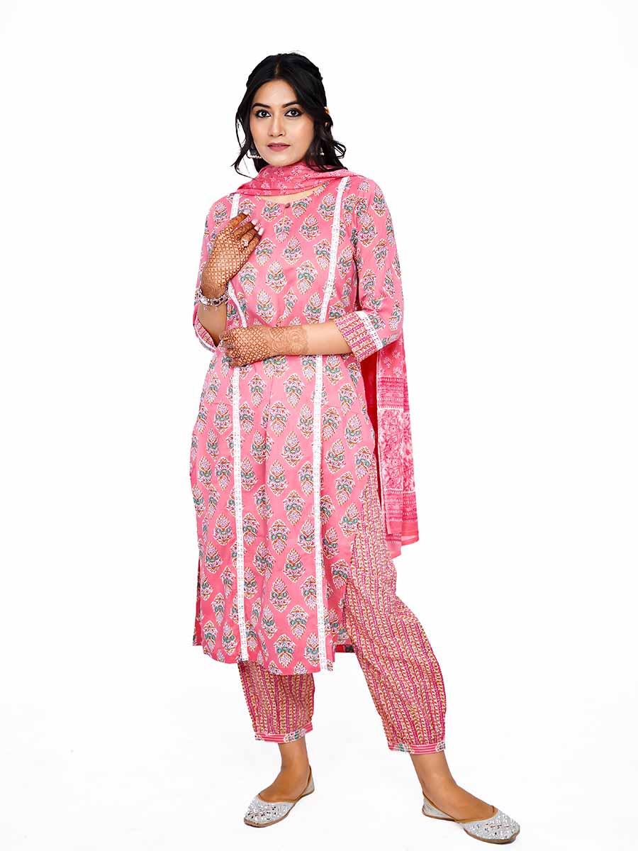 Pink Cotton Bagru Print Suit Set