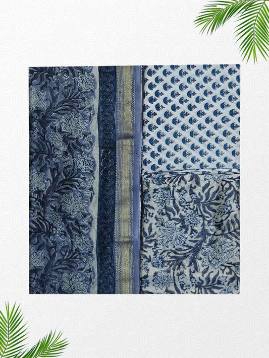 Blue Chanderi Kalamkari Print Style Unstitched Dress Material