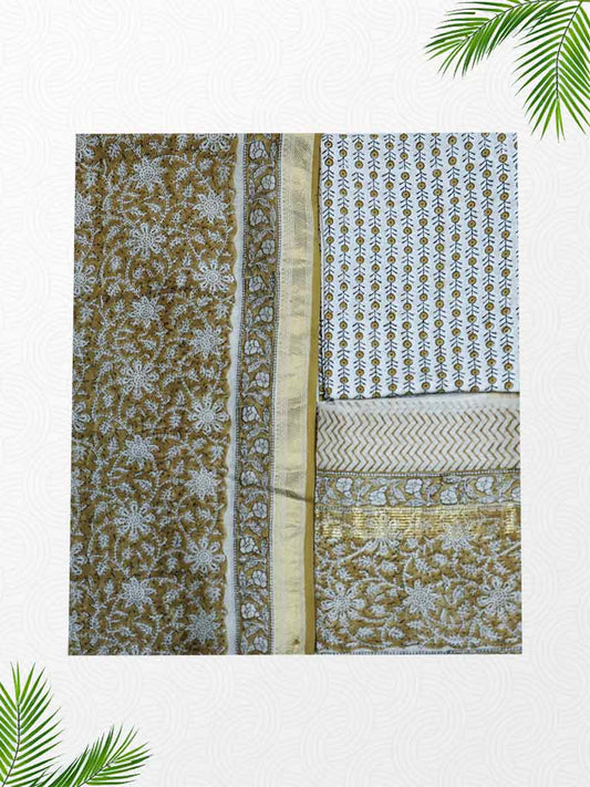 Green Chanderi Block Print Style Unstitched Dress Material