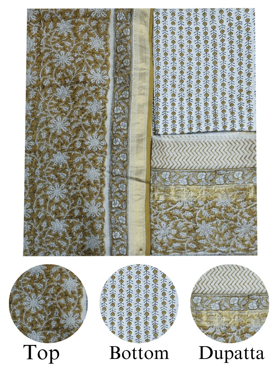 Green Chanderi Block Print Style Unstitched Dress Material