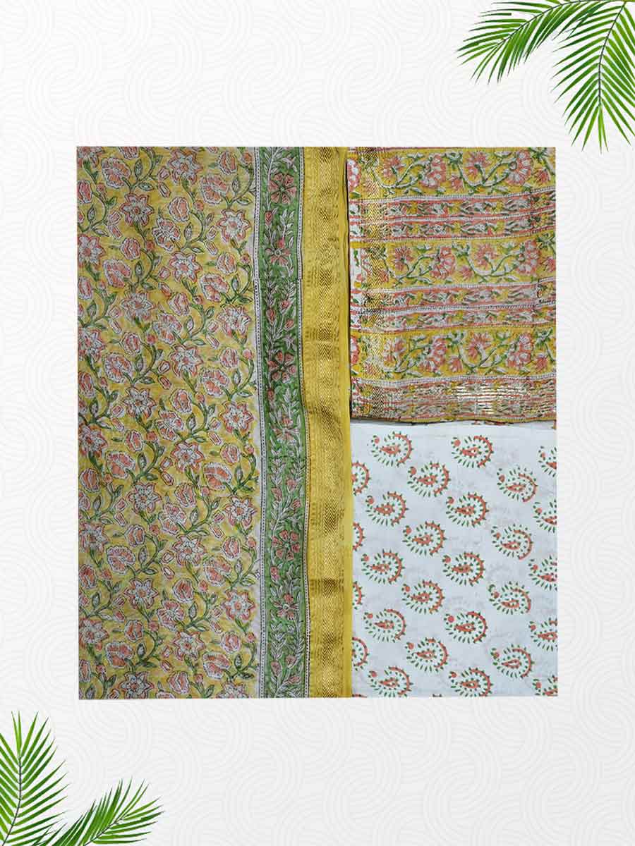 Yellow Chanderi Block Print Style Unstitched Dress Material