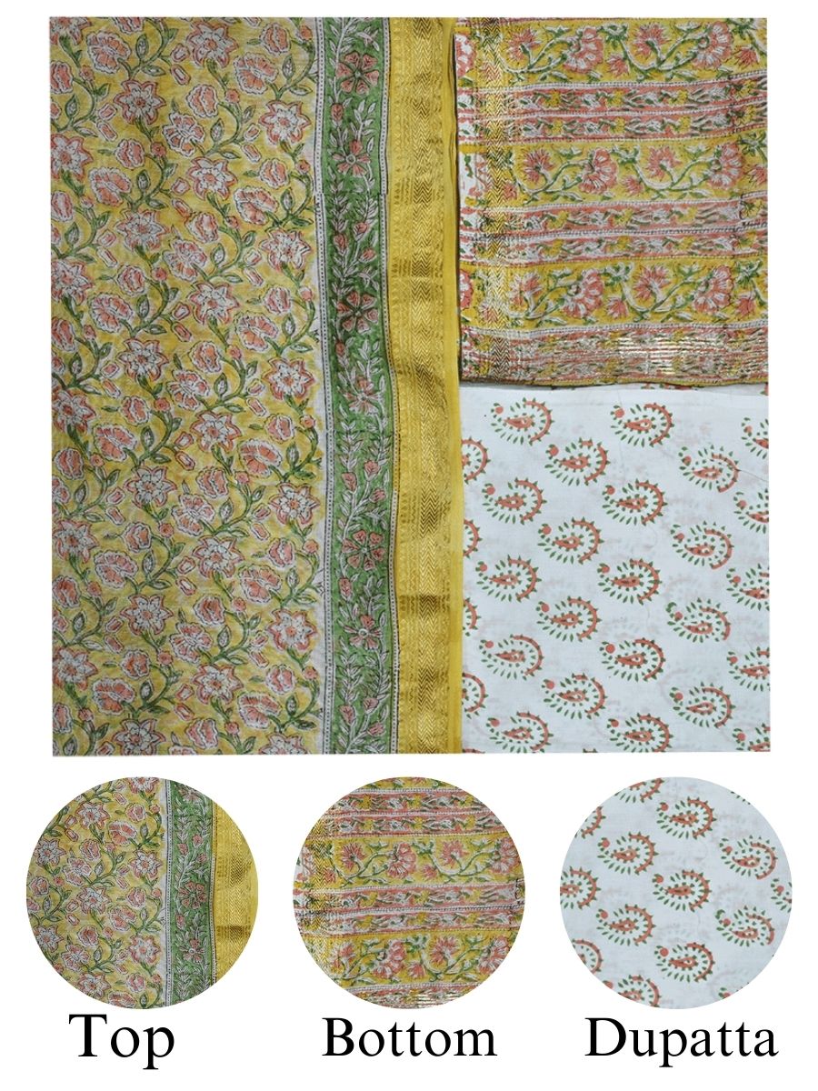 Yellow Chanderi Block Print Style Unstitched Dress Material