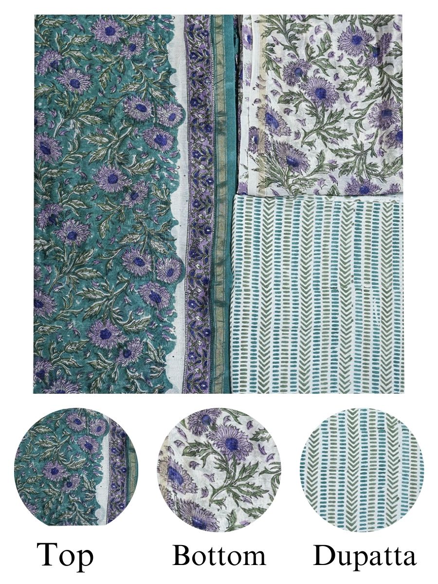 Green Chanderi Dabu Print Style Unstitched Dress Material