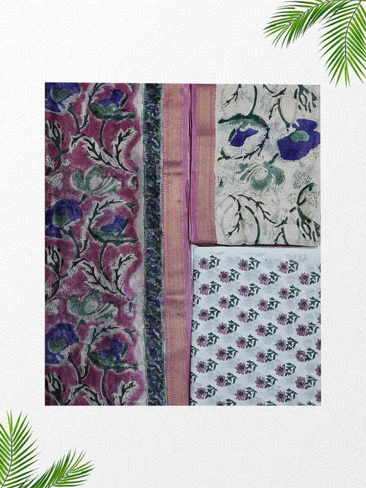 Pink Chanderi Kalamkari Print Style Unstitched Dress Material
