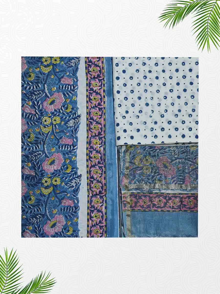 Blue Cotton Dabu Print Style Unstitiched Dress Material