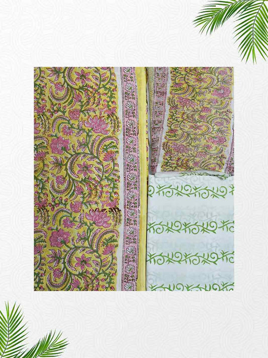 Yellow Cotton Kalamkari Print Style Unstitiched Dress Material