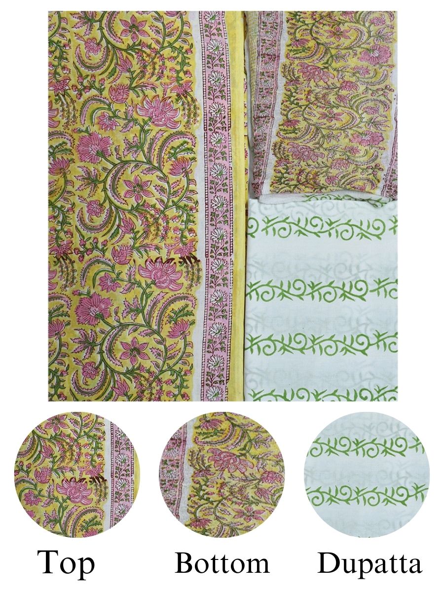 Yellow Cotton Kalamkari Print Style Unstitiched Dress Material