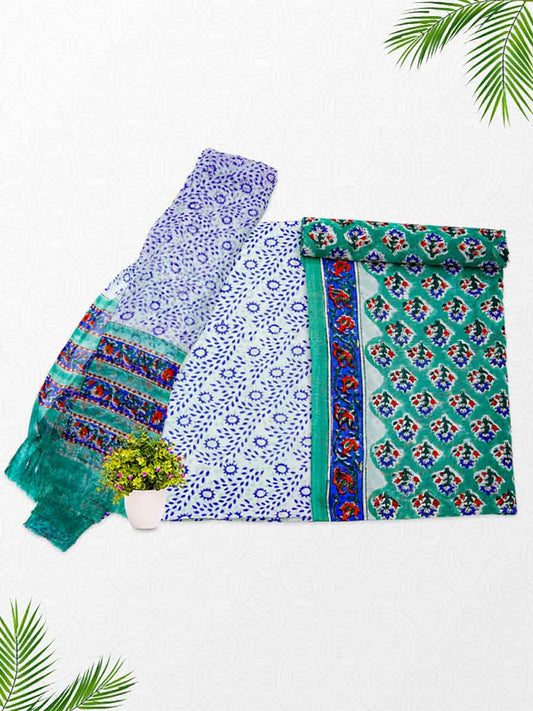 Blue Cotton Block Print Style Unstitiched Dress Material