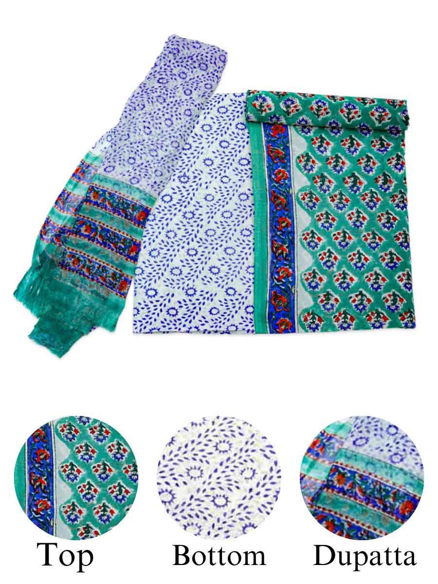 Blue Cotton Block Print Style Unstitiched Dress Material