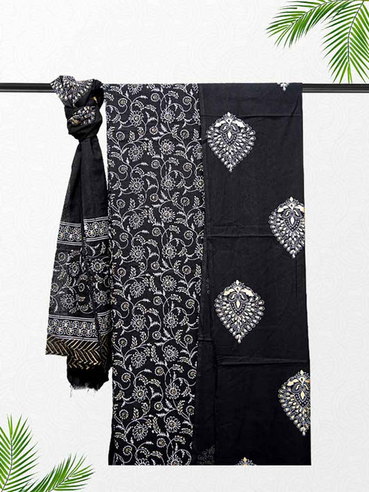 Black Cotton Block & Bagru Print Style Unstitiched Dress Material
