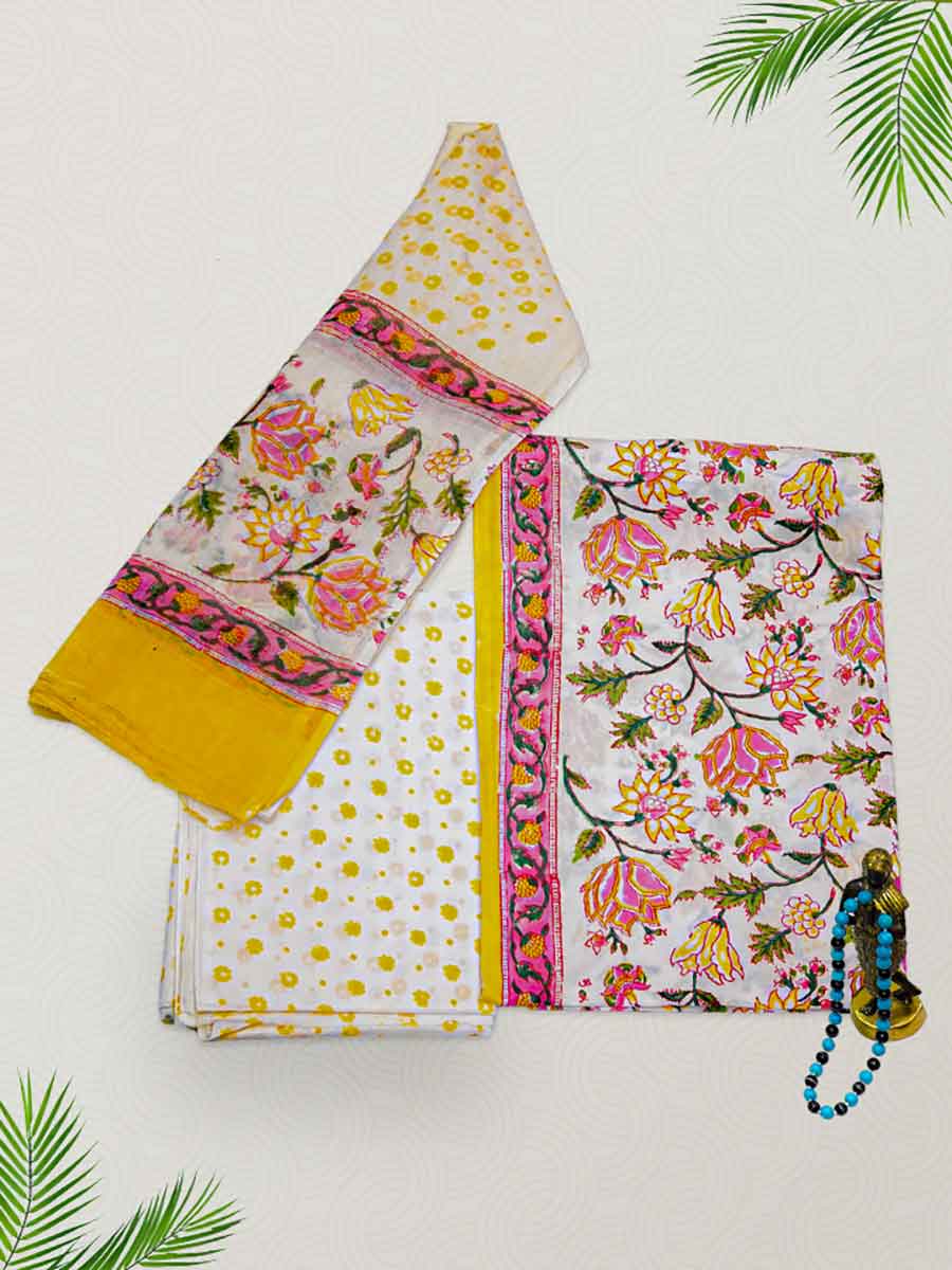 Yellow Cotton Bagru Print Style Unstitiched Dress Material