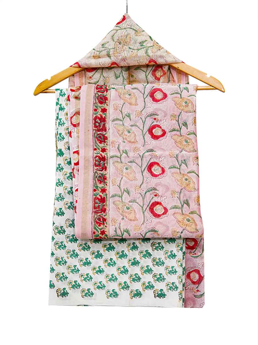 Multicolor Chanderi Bagru Print Style Unstitiched Dress Material