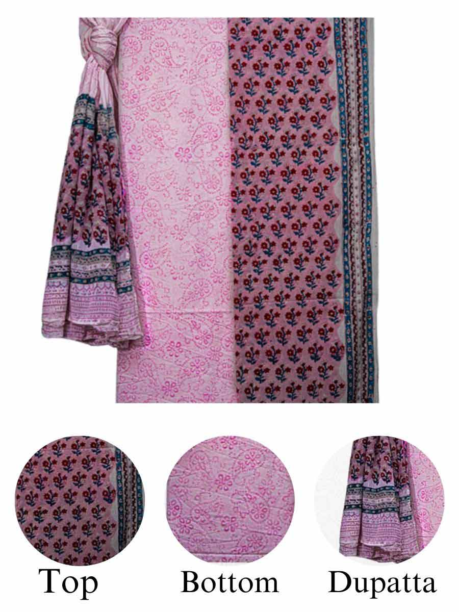 Pink Cotton Block & Bagru Print Style Unstitiched Dress Material