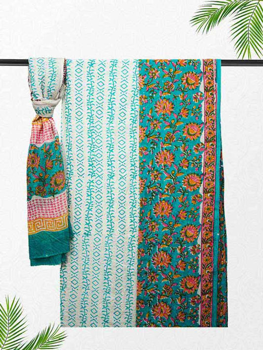 Green Cotton Bagru Print Style Unstitiched Dress Material
