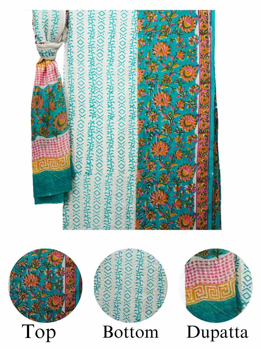 Green Cotton Bagru Print Style Unstitiched Dress Material