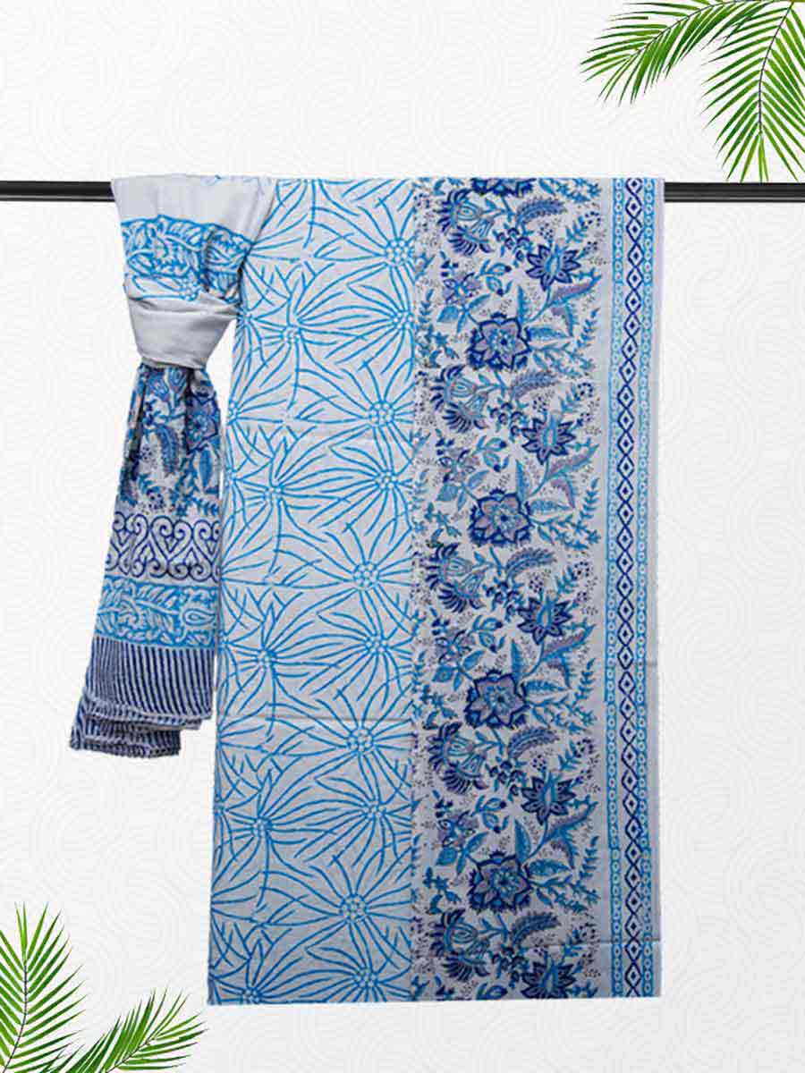 Blue Cotton Bagru Print Style Unstitiched Dress Material
