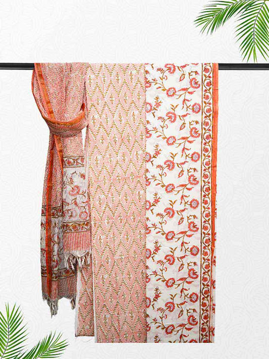 Orange Cotton Block Print Style Unstitiched Dress Material