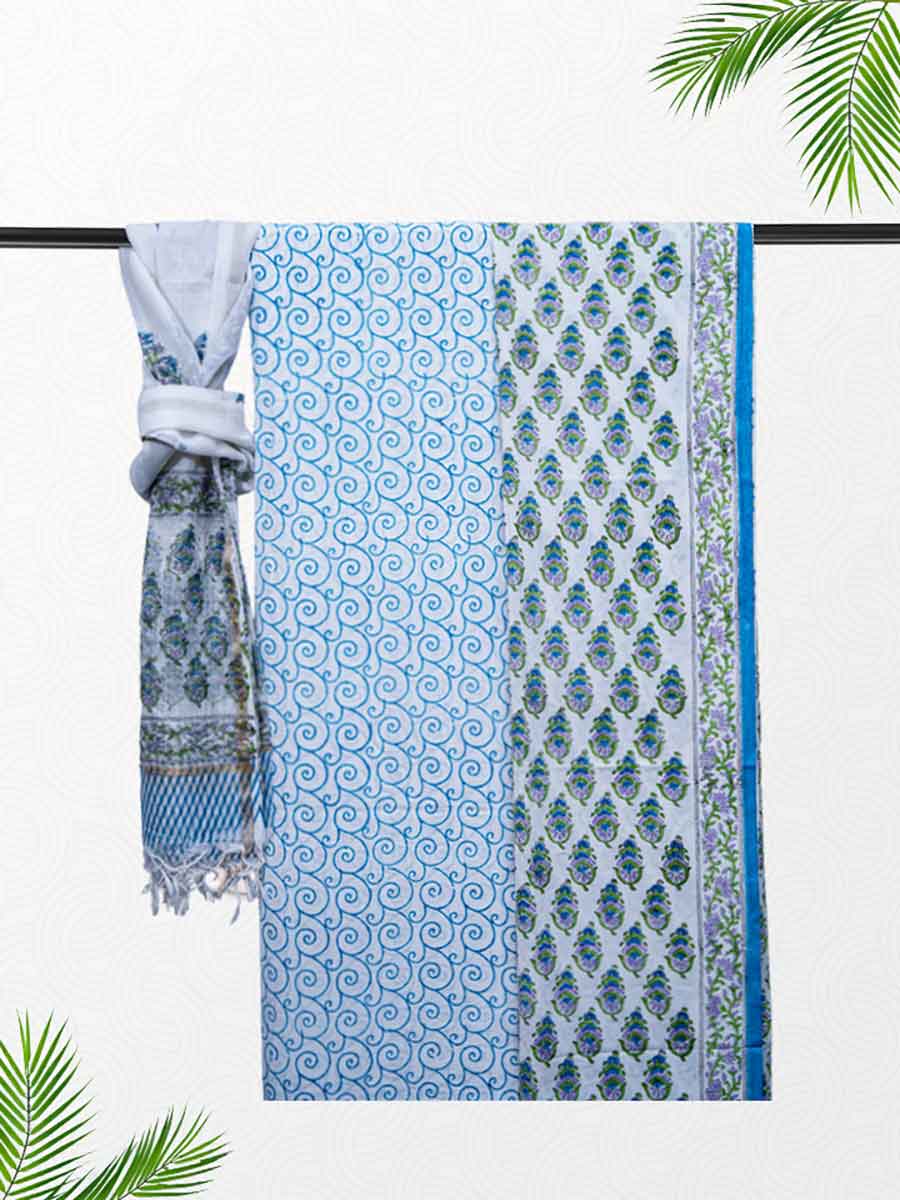 Blue Cotton Block Print Style Unstitiched Dress Material