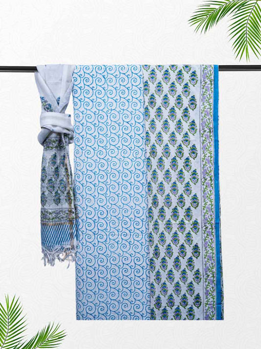 Blue Cotton Block Print Style Unstitiched Dress Material