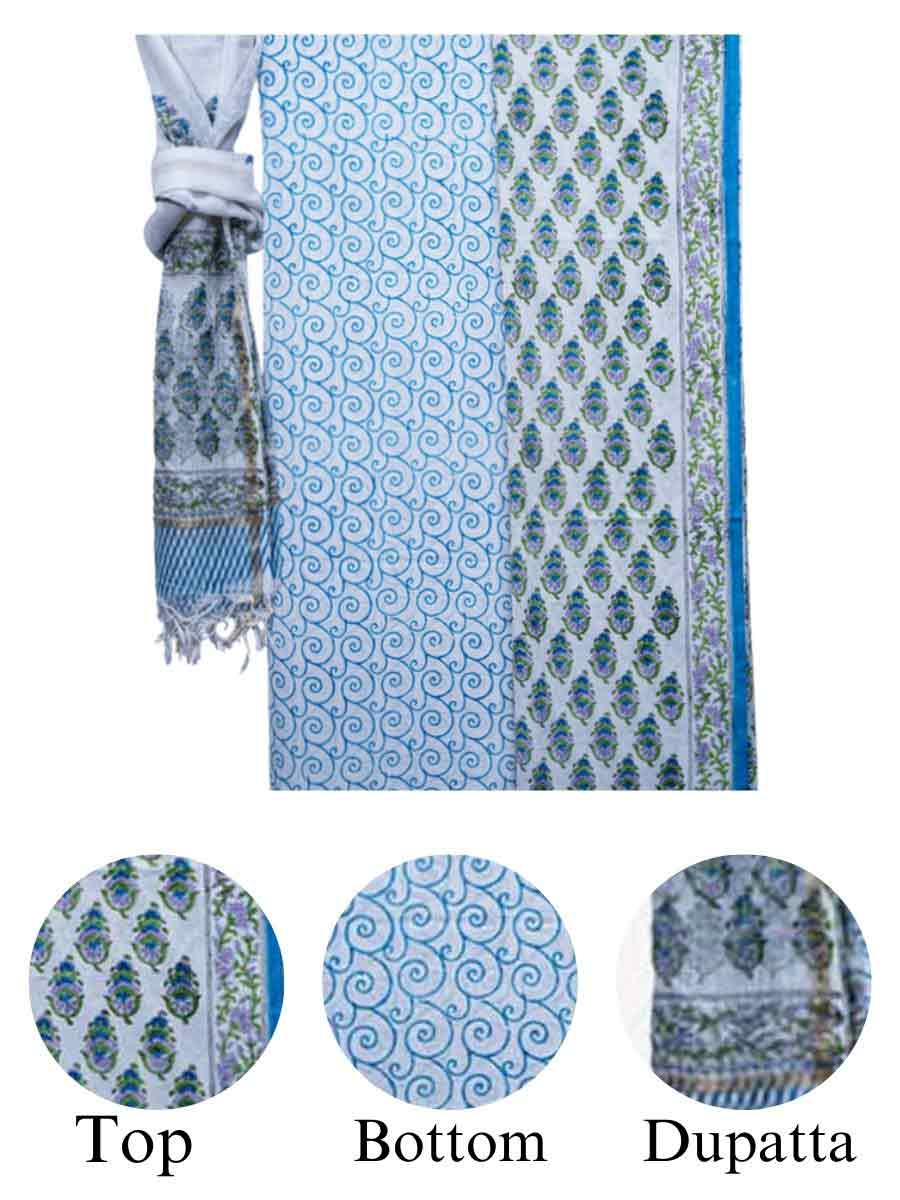 Blue Cotton Block Print Style Unstitiched Dress Material