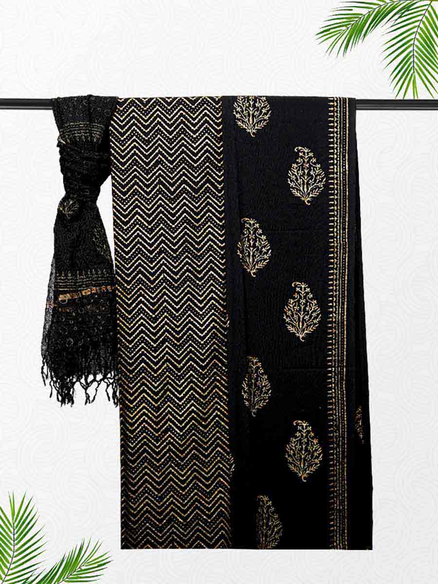 Black Cotton Block & Zig zag Print Style Unstitiched Dress Material