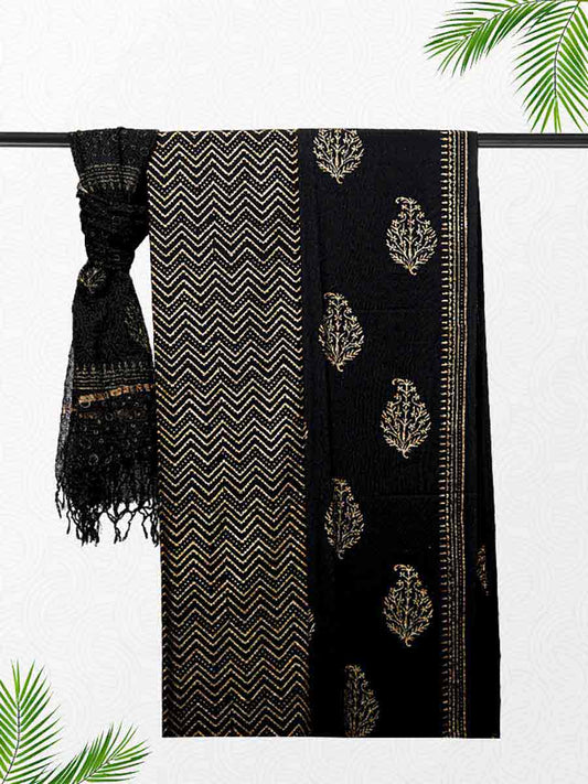 Black Cotton Block & Zig zag Print Style Unstitiched Dress Material