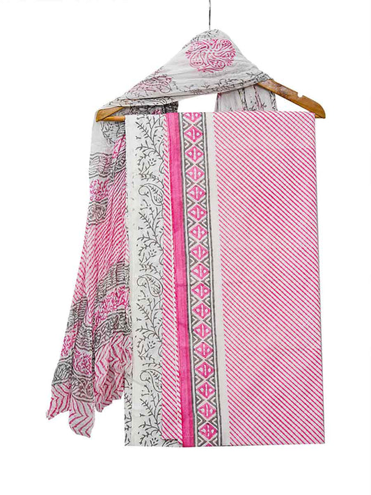 Pink Chanderi Striped Print Style Unstitiched Dress Material