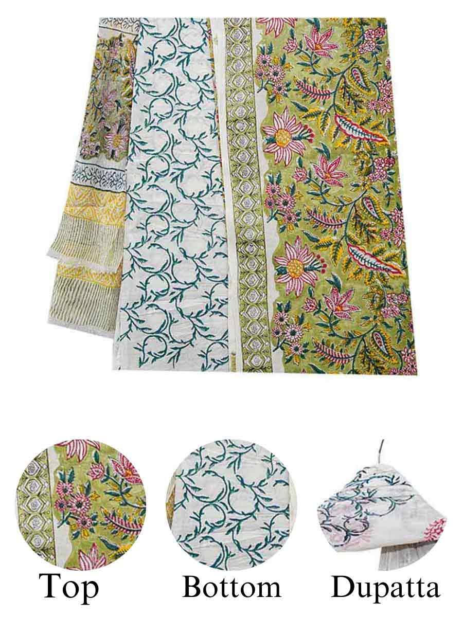 Green Chanderi Dabu Print Style Unstitiched Dress Material