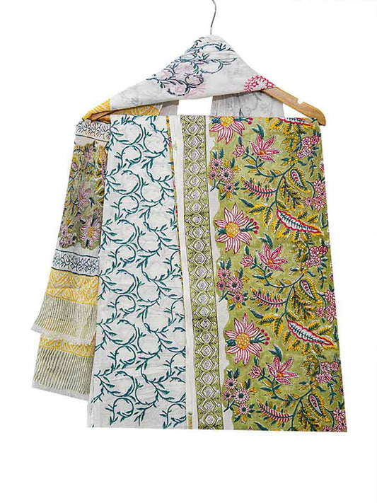 Green Chanderi Dabu Print Style Unstitiched Dress Material