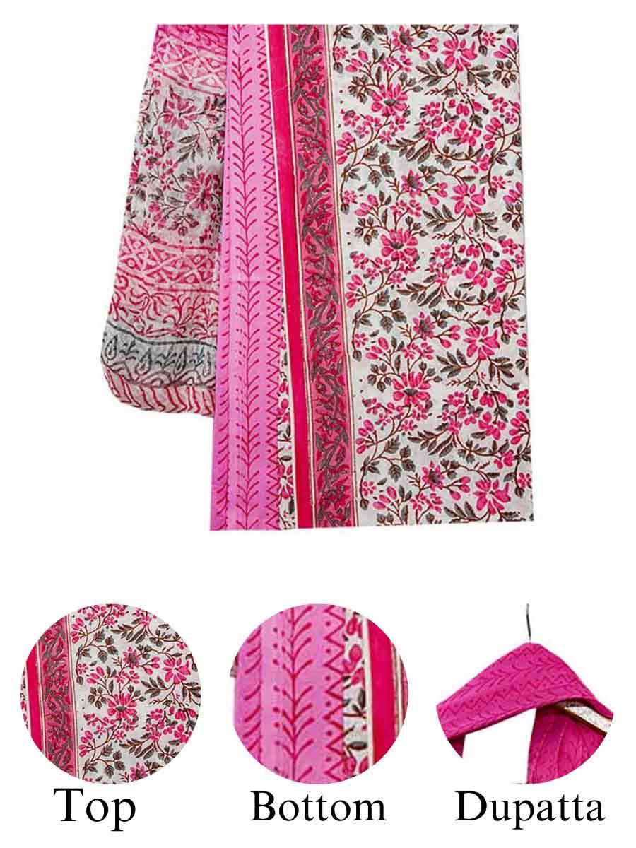 Pink Chanderi Bagru Print Style Unstitiched Dress Material