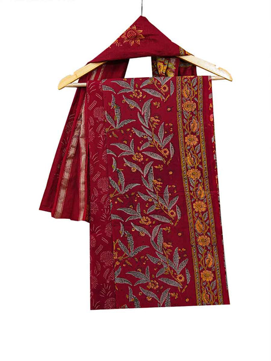 Red Cotton Dabu Print Chanderi Dupatta Style Unstitiched Dress Material