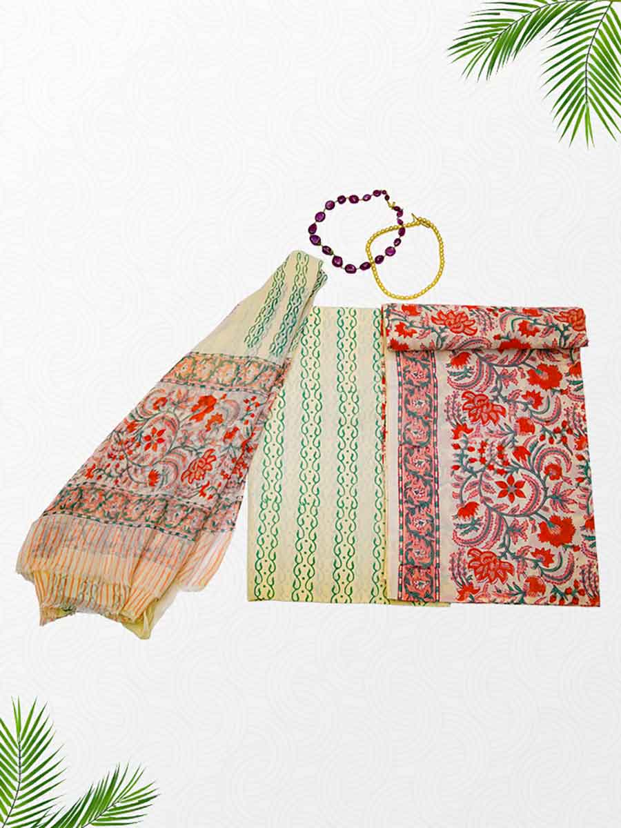 Green Cotton Dabu Print Style Unstitiched Dress Material